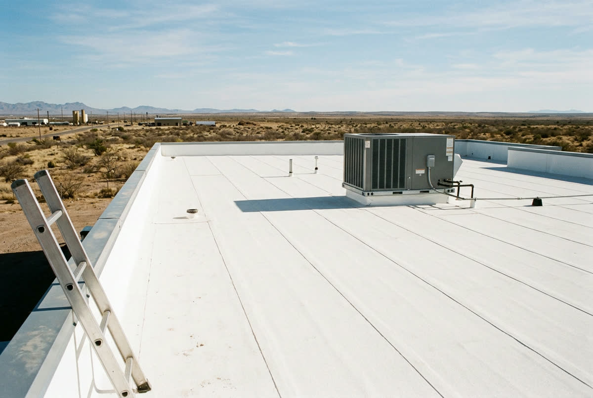Sample photo: the same commercial building with a new white TPO roof.