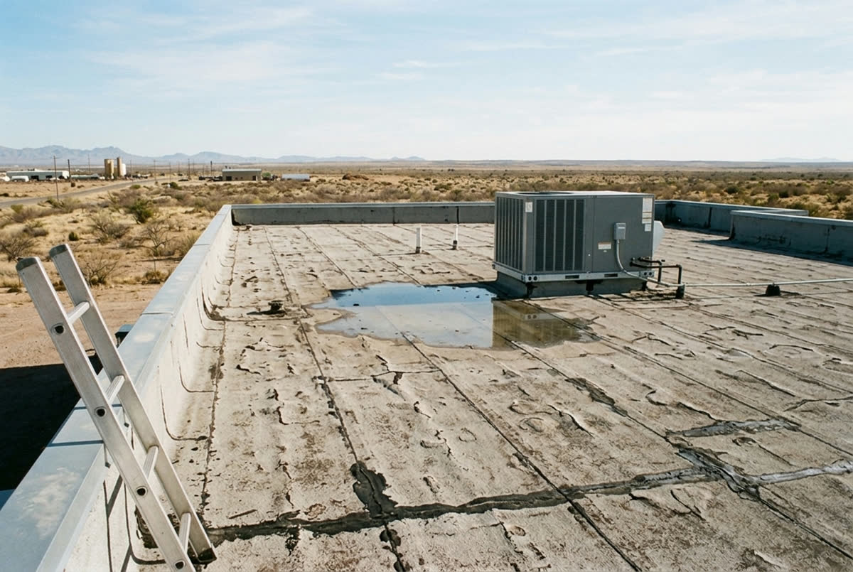 Sample photo: an old, cracked flat roof on a commercial building.