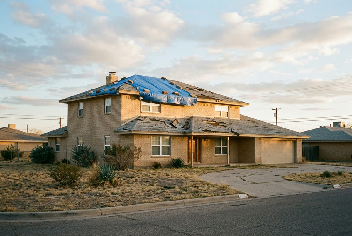 Sample photo: a two-story house with wind-torn shingles and a blue tarp.