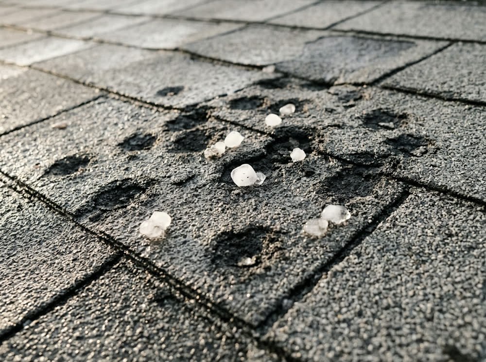 Sample photo: dark bruises from hail on a gray shingle roof.