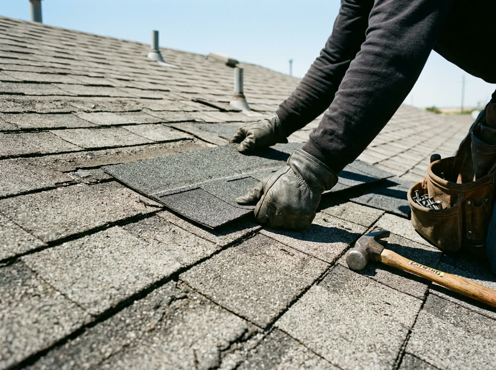 Sample photo: gloved hands fitting a new shingle into a patched roof.