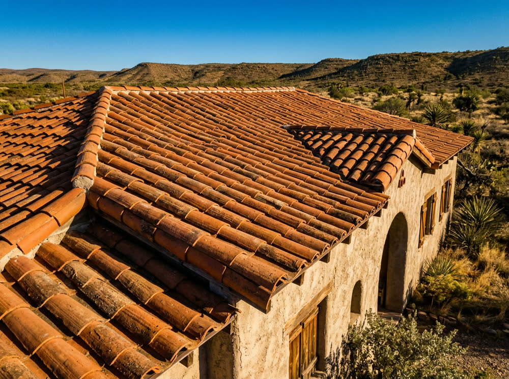 Sample photo: a clay tile roof in afternoon light.