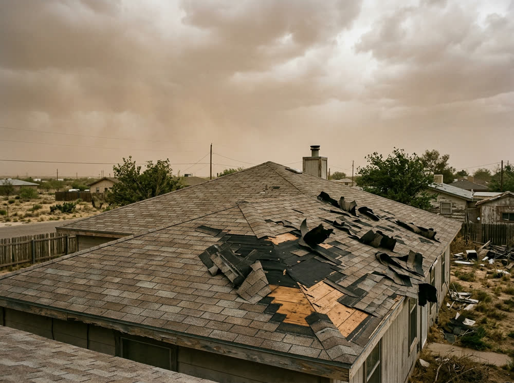 Sample photo: shingles torn up and missing after a windstorm.